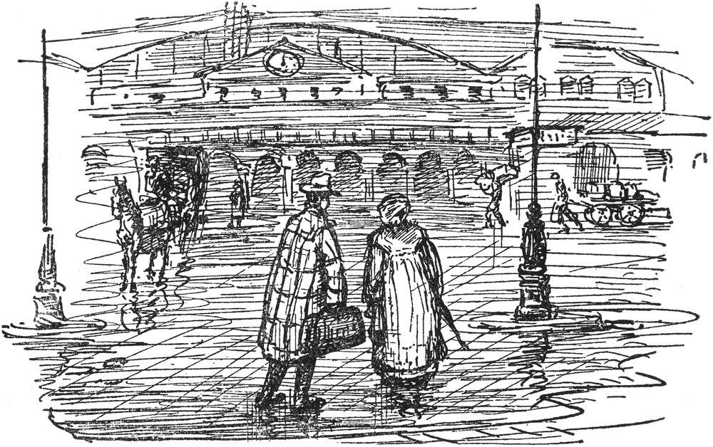 Der Erzähler mit seiner Frau
  vor der Abreise am Bahnhof