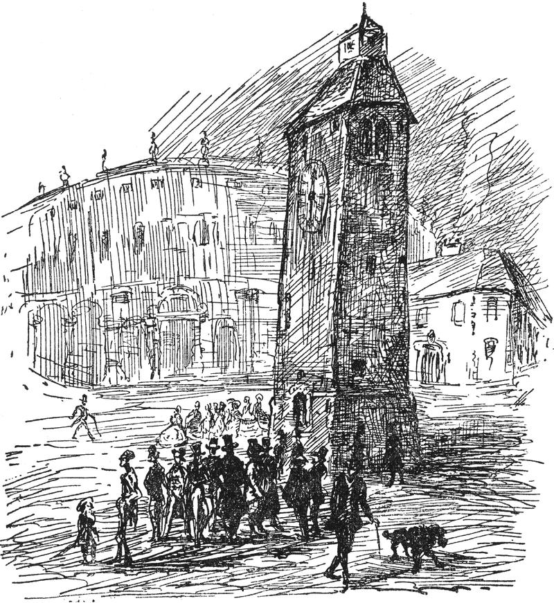 Die Bewohner versammeln sich
  um den Uhrturm