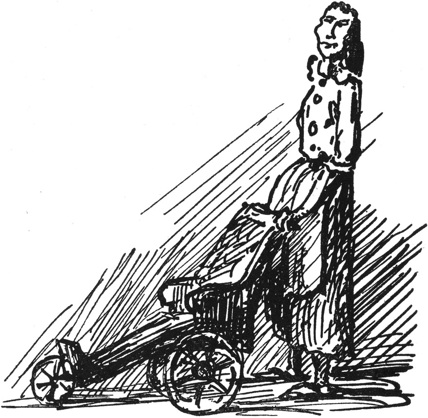 Frau Goldschläger schiebt
  den Rollstuhl