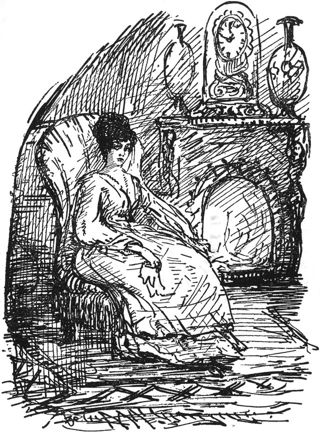 Melitta, am Kamin im Sessel
  sitzend