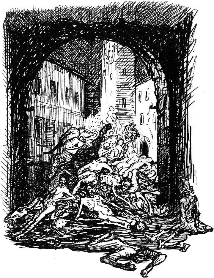 Haufen von Menschen verwesen
  in den Gassen des französischen Viertels