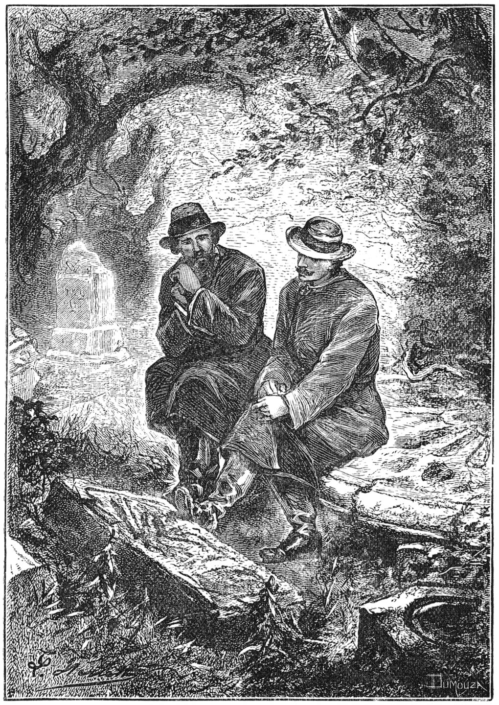 En gingen zitten op een grooten steen, die in den vorm van eene Romaansche roos uitgebeiteld was. (Bladz. 10.)