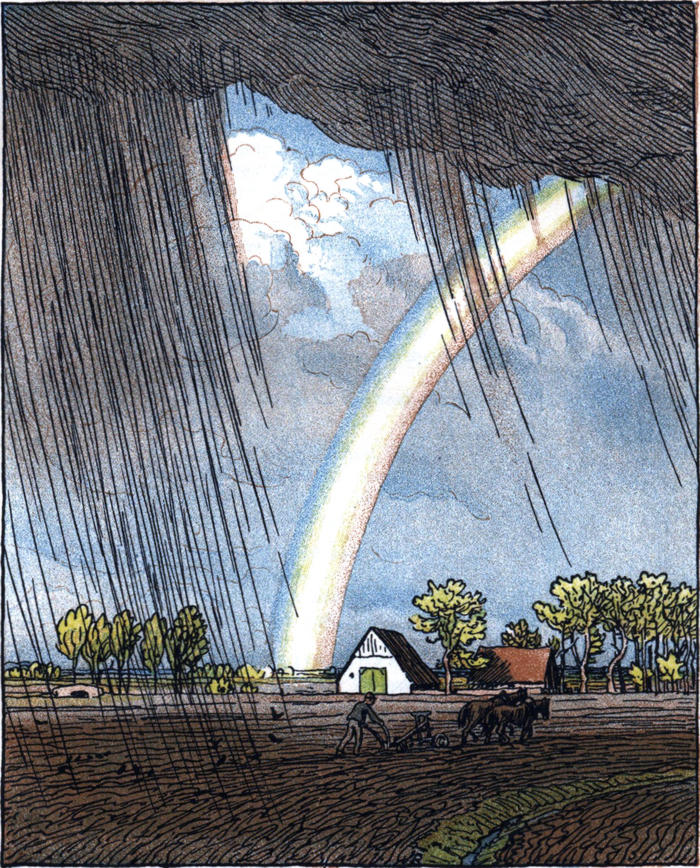 Unwetter und Regenbogen über
  einem Bauernhof