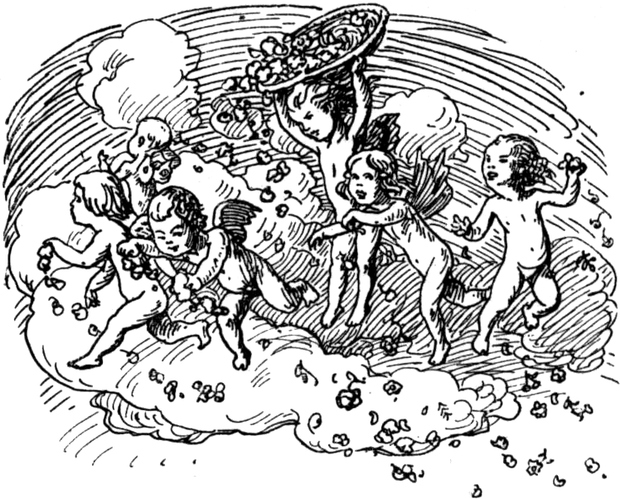 Der Frühling, in Form von
  Putten, überschüttet die Welt mit Blüten.