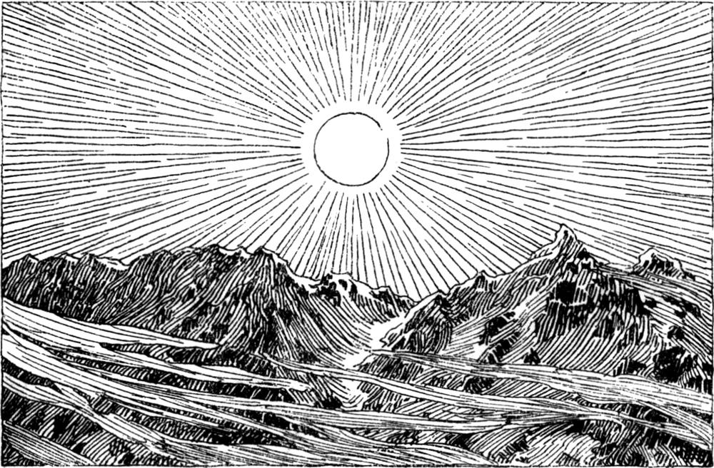 Die Sonne strahlt hell über den
  Bergen