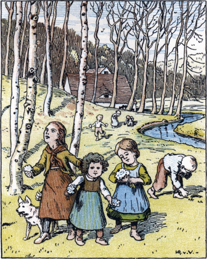 Kinder pflücken Blumen in
  einem lichten Birkenwald