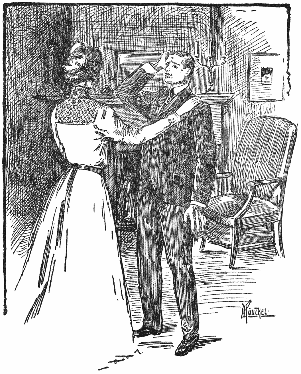 Hem vriendelijk de hand op den schouder lei.