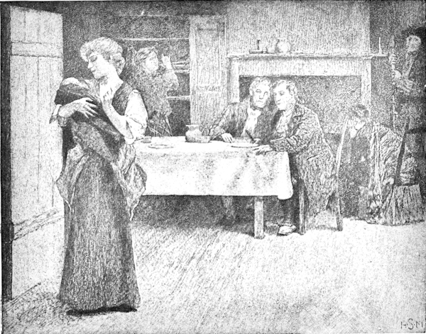 A woman bearing a baby, maybe even feeding it. In the background
a few men are seated at the table and standing by the fireplace