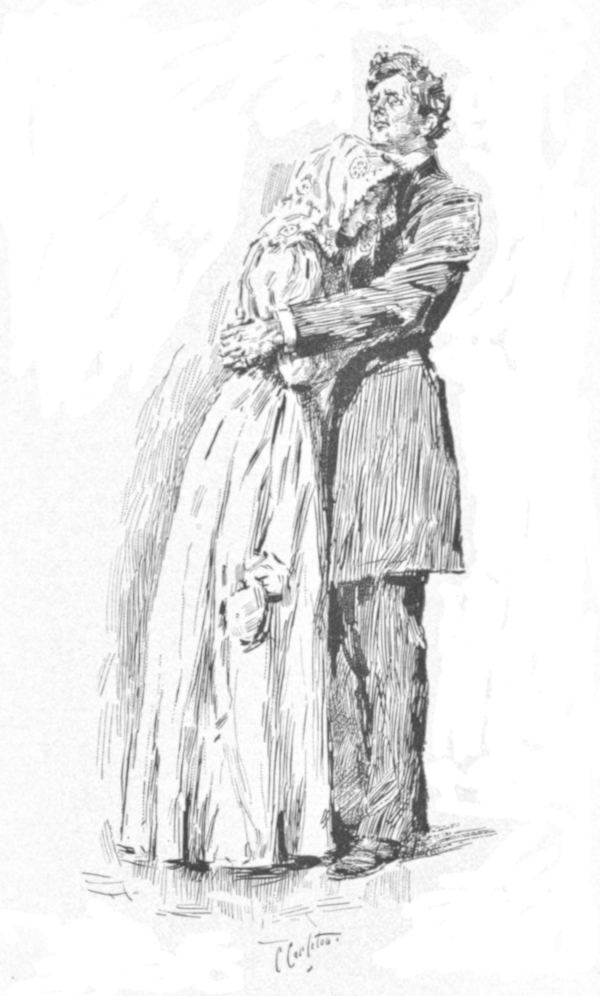 A young woman, poorly recognisable becaus of the scarf around her head,
is held in the arms of a gentleman. The man is wearing formal clothes