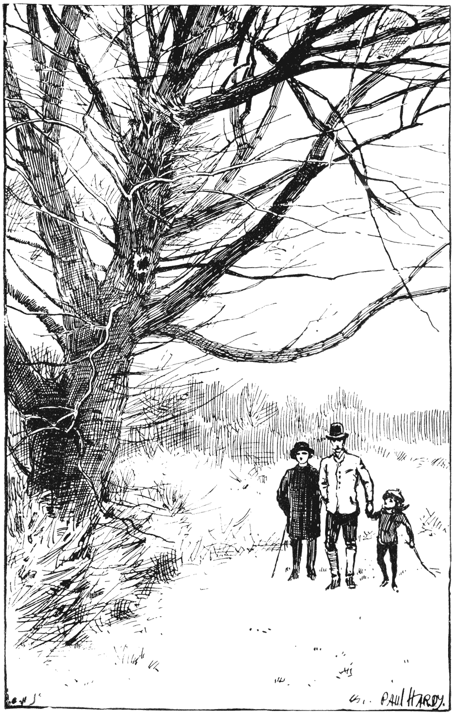 Bladz. 121. „Daarginder zit een tak, die door den bliksem is getroffen.”