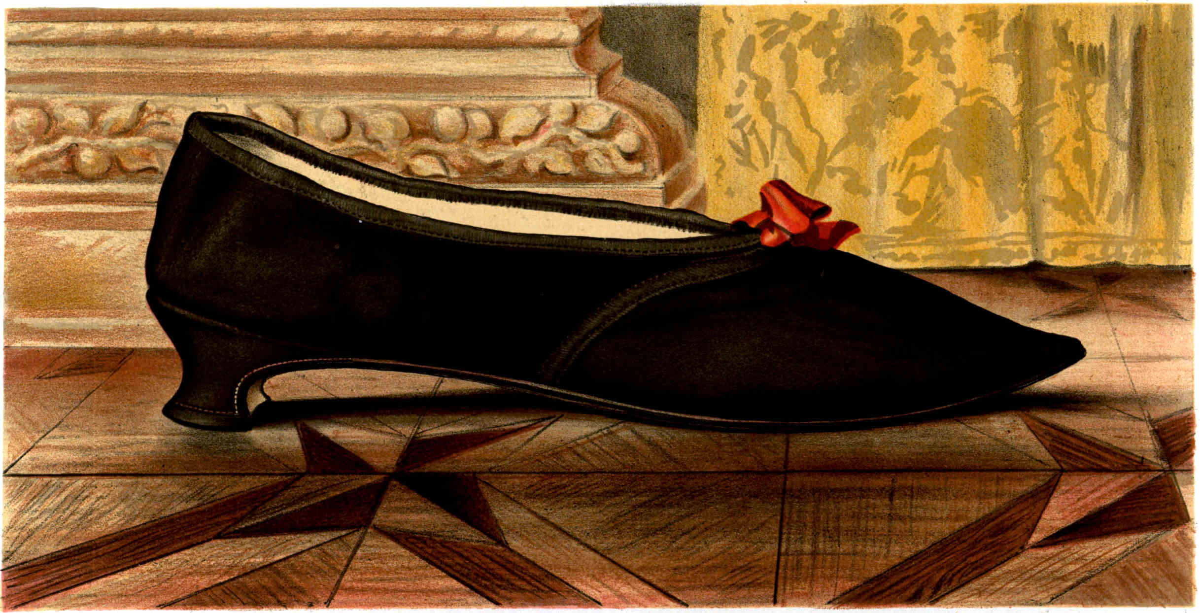 A black low-heeled shoe with a pointed toe, featuring a small red bow near the front opening.