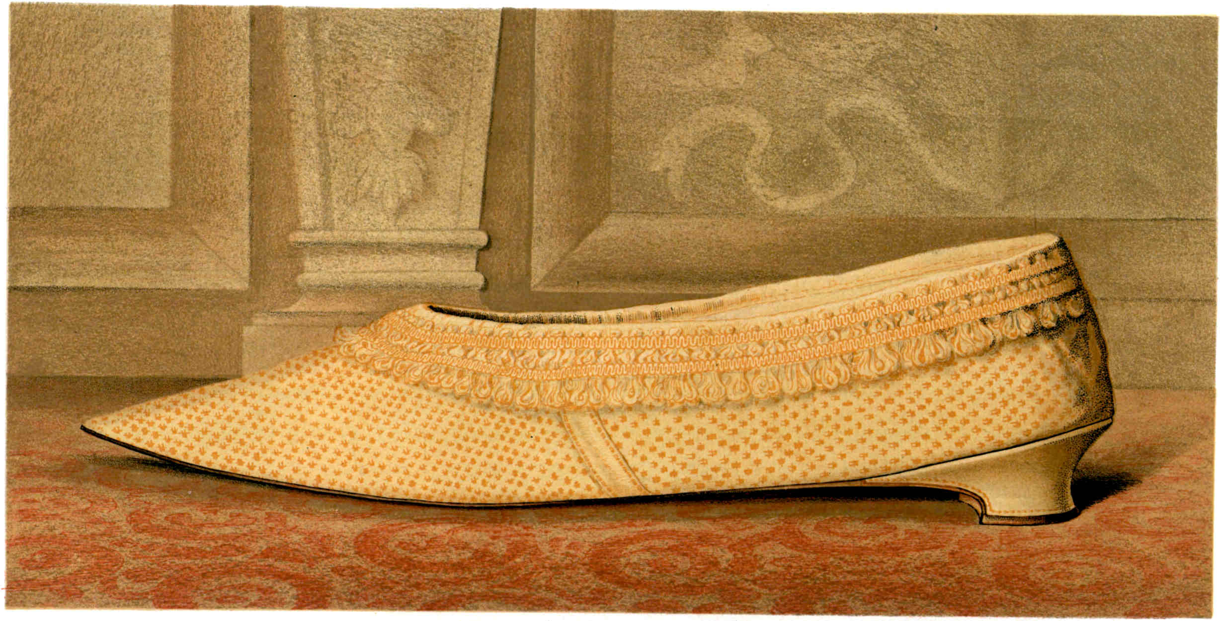 A light-colored low-heeled shoe with a pointed toe, covered in a repeating pattern of small shapes and trimmed with decorative loops around the opening.