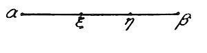 A simple line
segment with four points marked along it, labeled from left to right as
(alpha), (xi), (eta), and (beta), representing points on a continuous
line in mathematical notation.