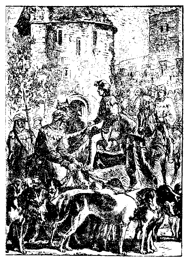 Zeichnung einer mittelalterlichen
                Jagdgesellschaft mit Pferden und Hunden