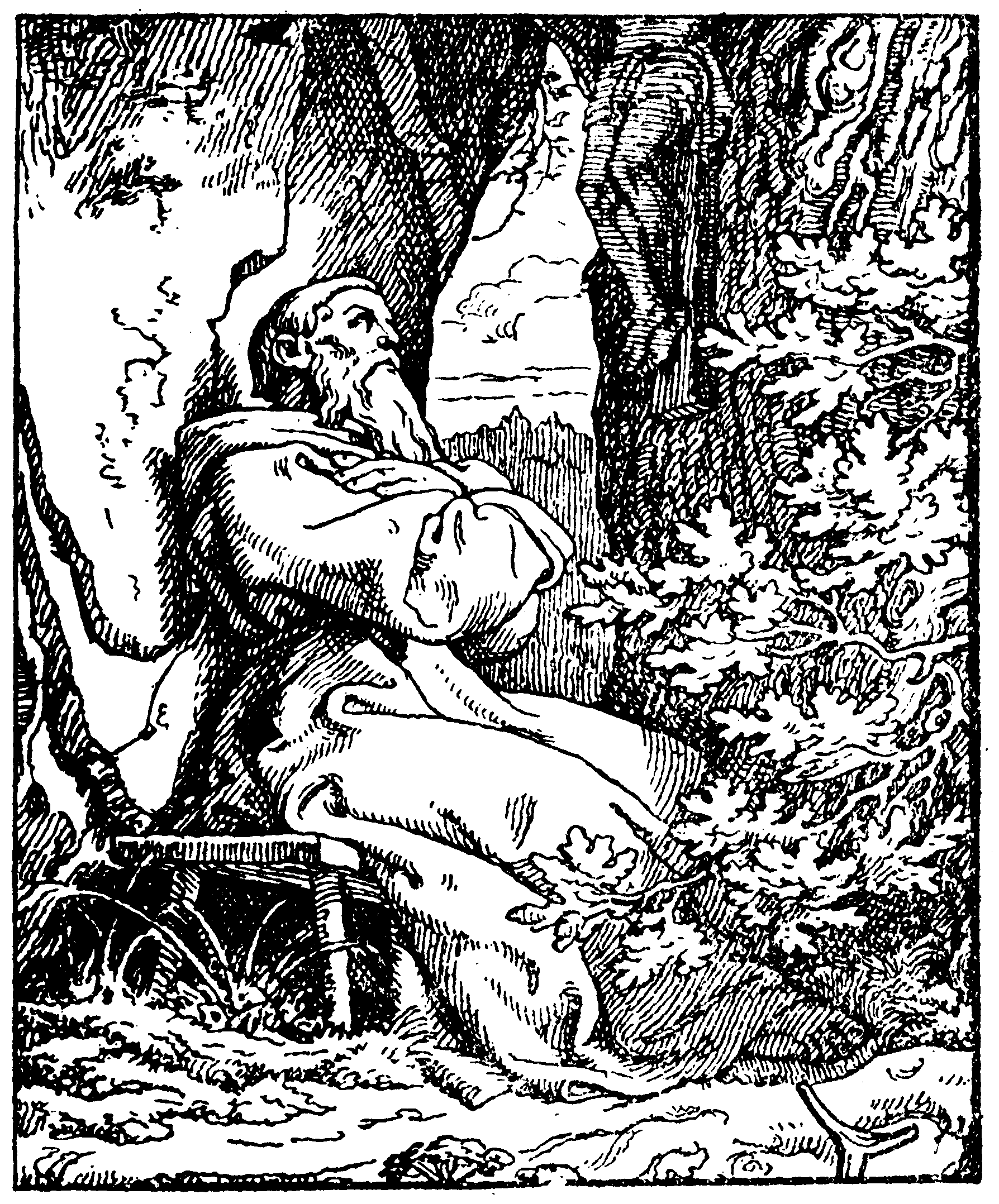 Der Klausner verharrt auf einer Bank zwischen
                Felsen und einem alten Baum