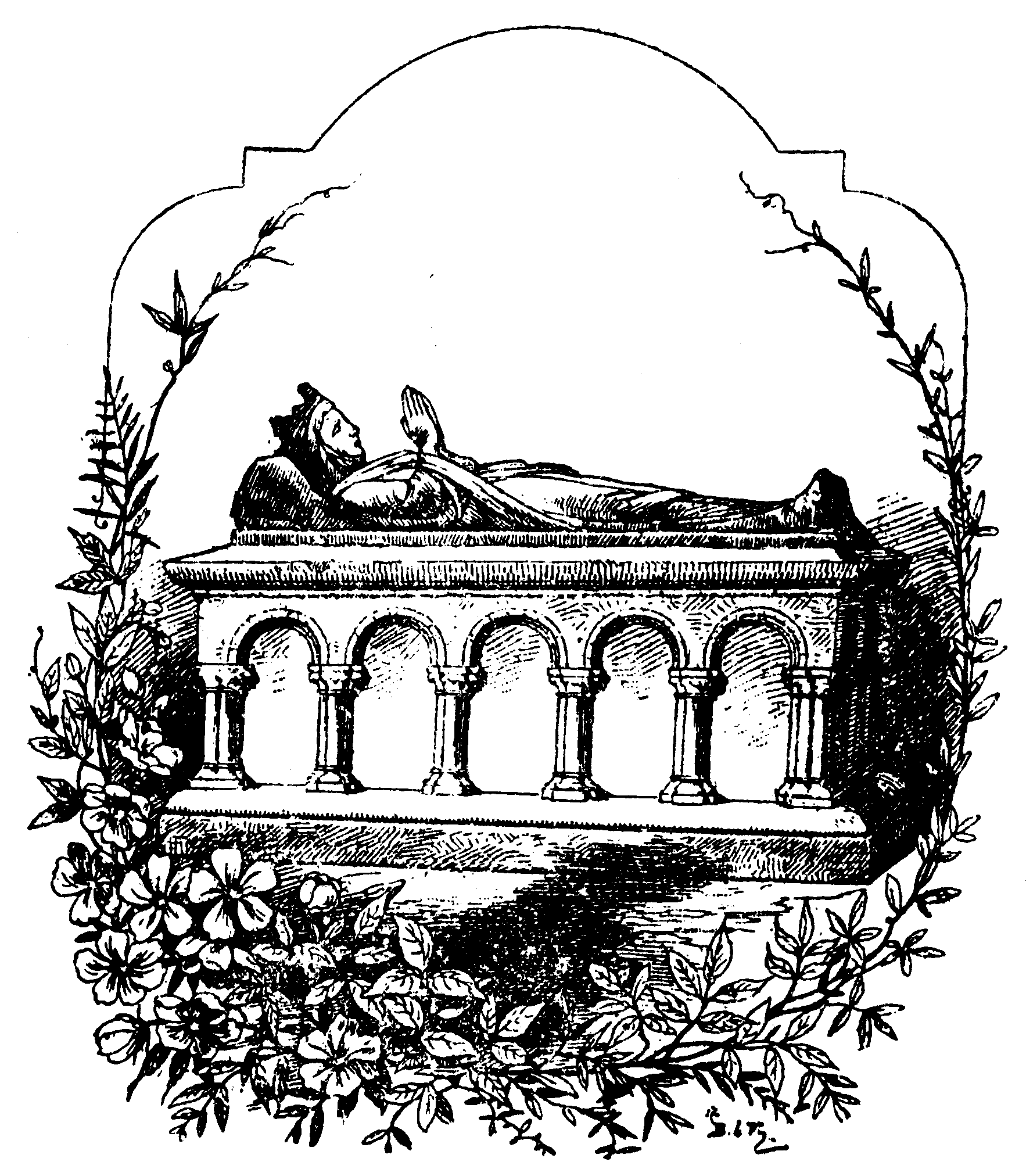 Steinerner Sarkophag mit liegender, ins Gebet
                     vertiefter Statue