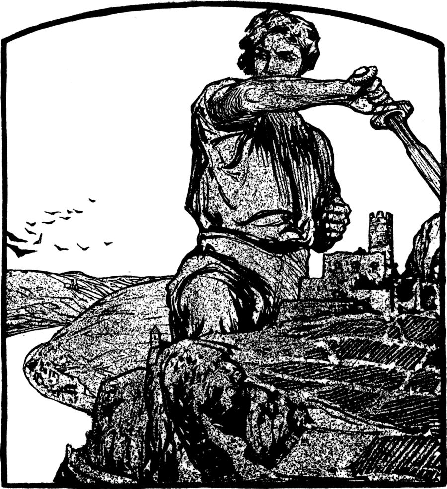 Ein Riese mit Schwert erhebt
  sich am Rhein