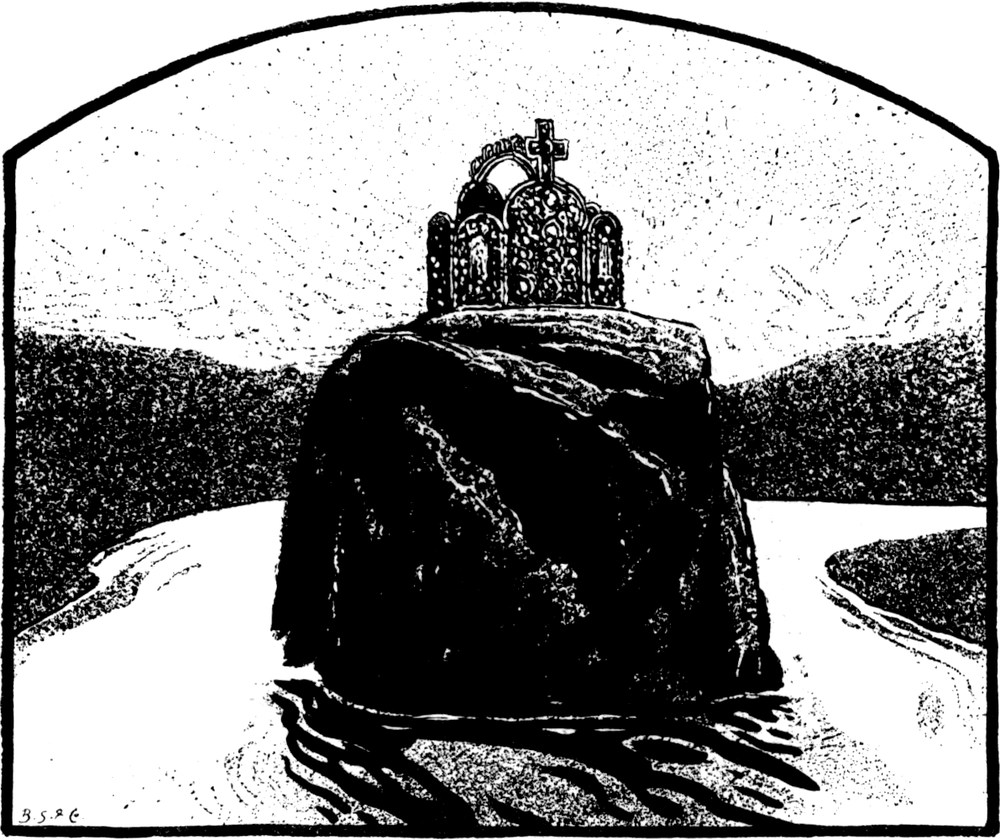 Krone auf einem Felsen in
  einem Fluss