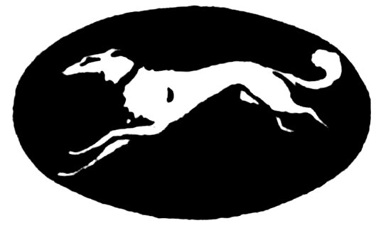 Black oval emblem containing a white silhouette of a running borzoi with legs extended in mid-stride.
