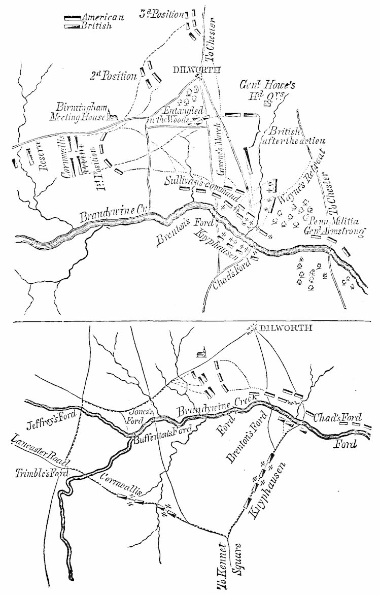 Two hand-drawn Revolutionary War maps showing troop positions and movements near the Brandywine Creek and Chad’s Ford. The upper map labels American and British positions around Dilworth, Birmingham Meeting House, Sullivan’s command, Cornwallis’s march, and Gen. Howe’s headquarters, with Brinton’s and Chad’s fords marked along the creek. The lower map shows the Brandywine Creek crossings in greater detail, including Jeffery’s, Jones’s, Buffington’s, Brinton’s, and Trimble’s fords, with roads to Lancaster and Kennett Square and British troop movements indicated.
