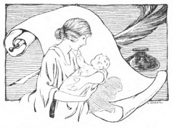 [Illustration of a mother looking at an infant cradled in her arms. Backdrop is an unrolled scroll, feather pen, and inkwell. Infant’s shadow is cast onto the blank scroll.]