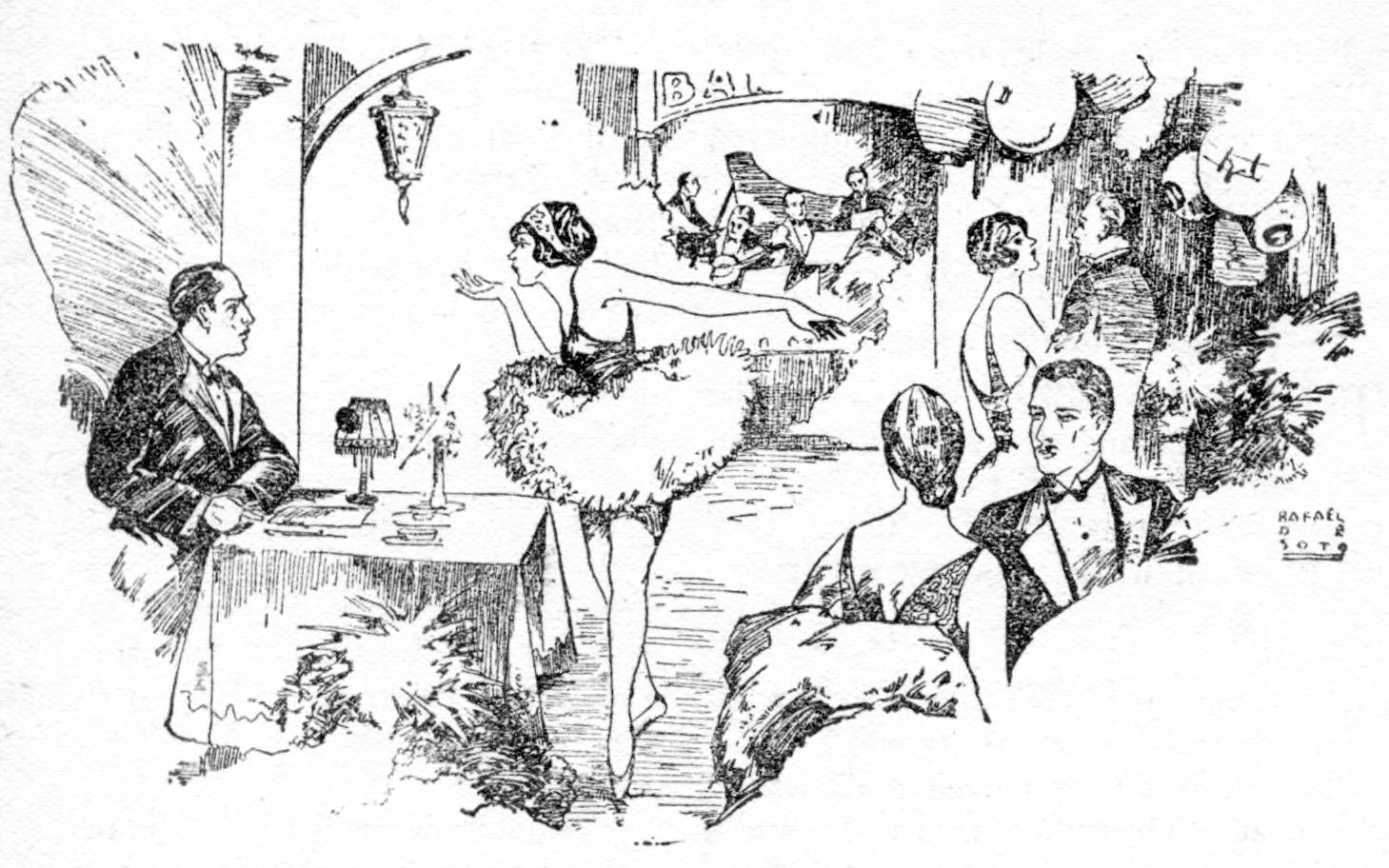 dancer in a cabaret talking to a patron at a table