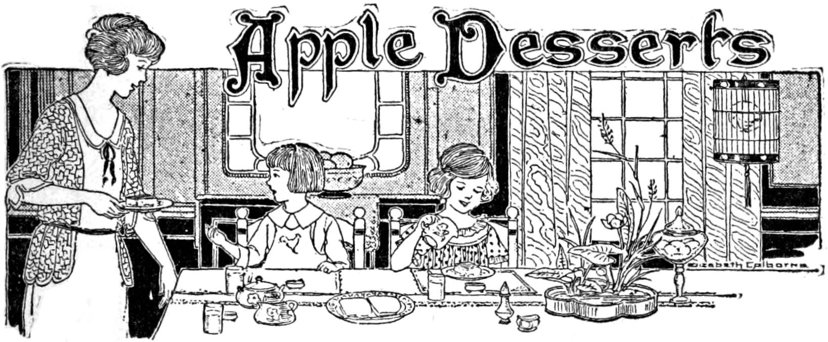 Black and white illustration of a set table with two chilren and a mother serving a plate