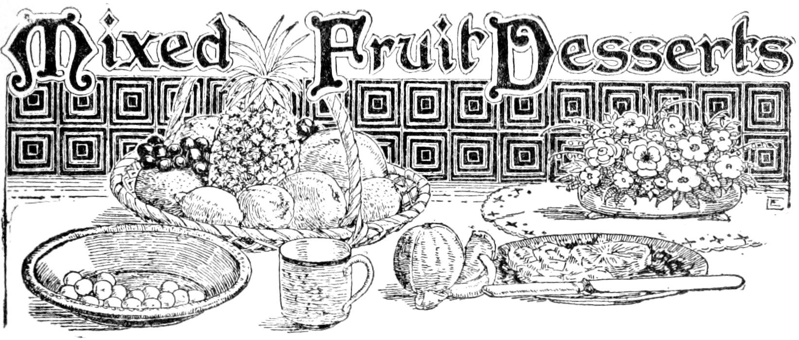 Black and white illustration of a selection of fruit desserts set on the table