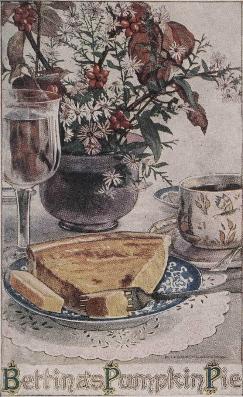 Illustration of a pumpkin pie on a served plate