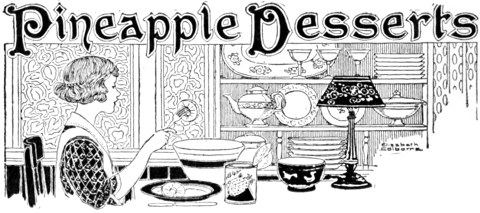 Black and white illustration of a women sat at a kitchen tabel eating a pineapple dessert