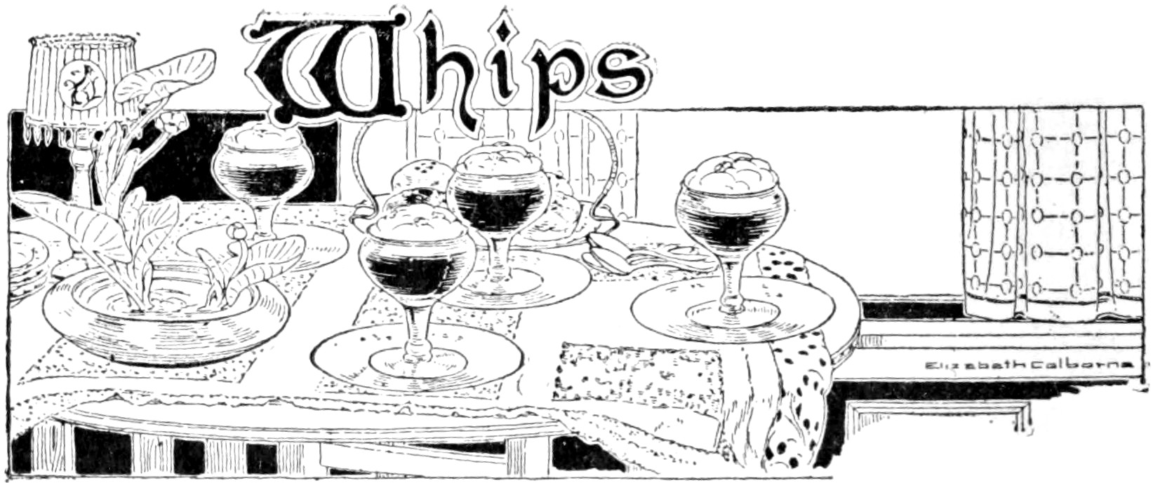 Black and white illustration of whip desserts served on a table