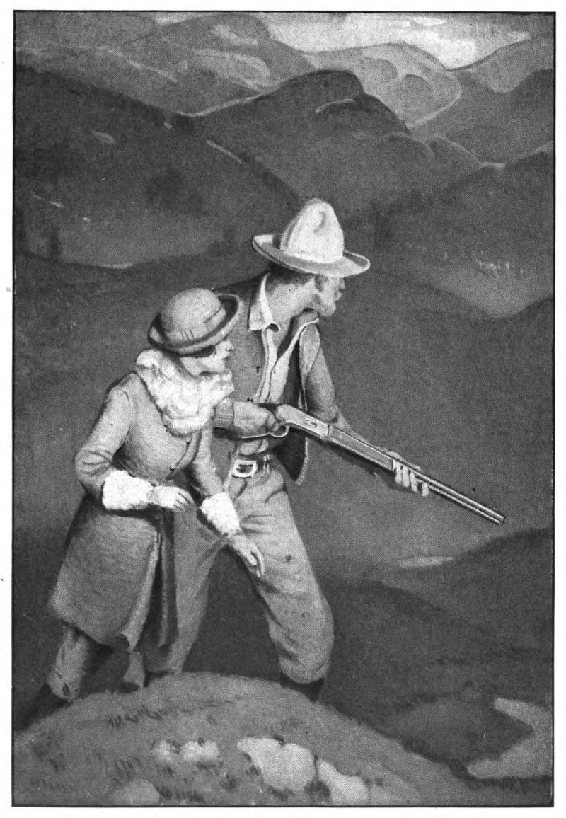 Drawing of a man and a woman, warmly dressed, in a mountain setting. The man is holding a rifle at the ready. The woman is beside the man. Both are looking off into the distance.
