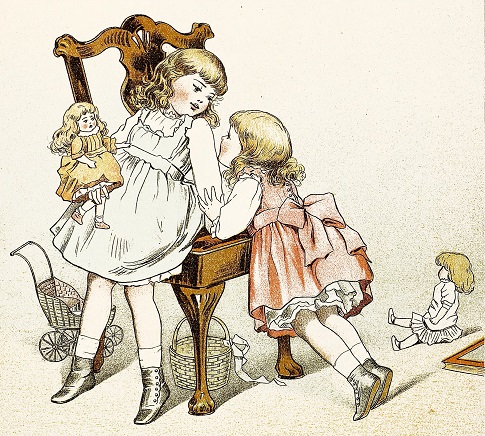 Children with their dolls and doll pram draped over
a chair
