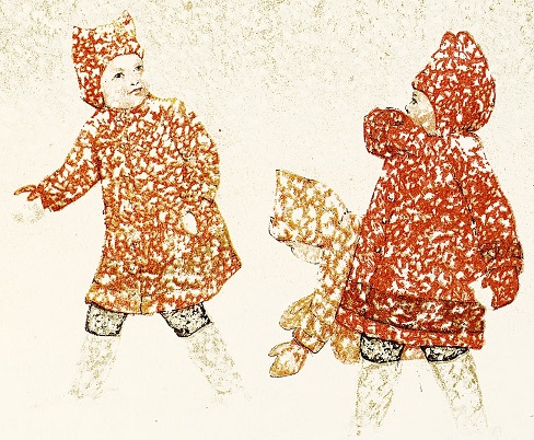 Children dressed in warm clothes and hats in the snow