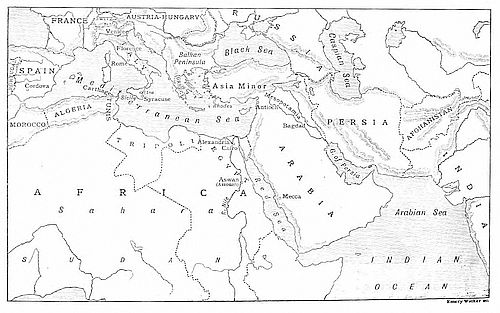 A vintage
black-and-white map spanning from Spain and Morocco in the west to
Afghanistan and India in the east, showing the Mediterranean, Black
Sea, Arabia, Persia, and North Africa, with key cities marked.