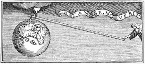 A vintage
engraving of a figure using a long lever to move a globe, illustrating
Archimedes' boast. A banner reads TANGE, MOVEBIS — Latin for Touch it,
and you will move it.
