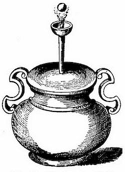 A vintage
engraving of Hero's fountain or a pneumatic vessel — a sealed urn with
a vertical tube and ball valve on top, demonstrating air and water
pressure principles described by Hero of Alexandria.