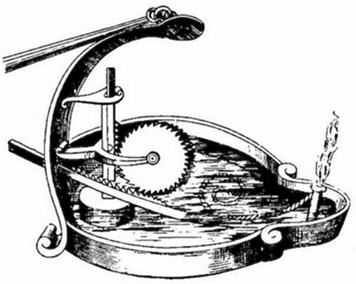 A vintage
engraving of Hero's wind-powered organ — a toothed wheel driven by a
windmill-like mechanism connected to bellows, forcing air through a
pipe to produce sound. An early example of wind-powered machinery.