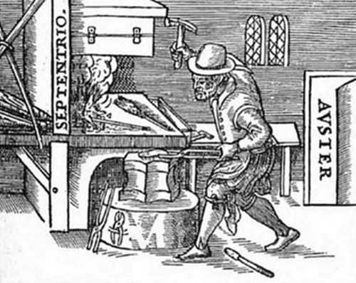 A vintage
woodcut of a craftsman working at a forge or assay furnace, hammer
raised, with labels SEPTENTRIO (North) and AUSTER (South) on either
side — likely illustrating magnetic or metallurgical experiments
from an early scientific text, possibly William Gilbert's De Magnete
(1600).