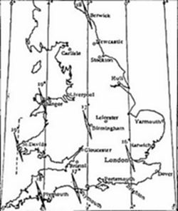 Map of
England and Wales with vertical lines showing magnetic declination
zones, marking degrees of compass variation across regions — a
geomagnetic survey illustration.