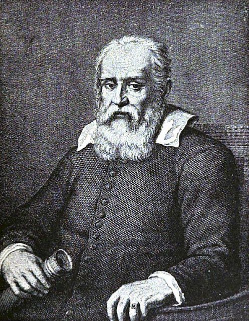 A vintage
engraved portrait of an elderly bearded man in 17th-century dress,
holding what appears to be a small cylindrical object — likely a
telescope — consistent with portraits of Galileo Galilei.