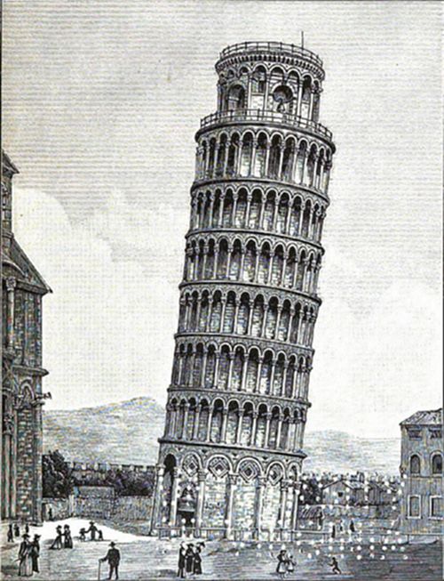 A vintage
engraving of the Leaning Tower of Pisa, showing its characteristic
tilt, arched galleries, and marble façade, with figures strolling below,
famous as the site of Galileo's gravity experiments.