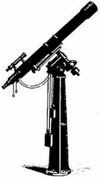 An
engraving of a refracting telescope on a mounted pedestal, with
adjustment mechanisms and a hanging counterweight — a 17th or
18th-century astronomical instrument.