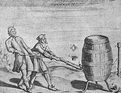 An engraving
labelled ICONISMUS V, showing two men operating a large syringe or air
pump connected to a barrel — illustrating Otto von Guericke's vacuum
experiments with an air pump, from his Experimenta Nova (1672).