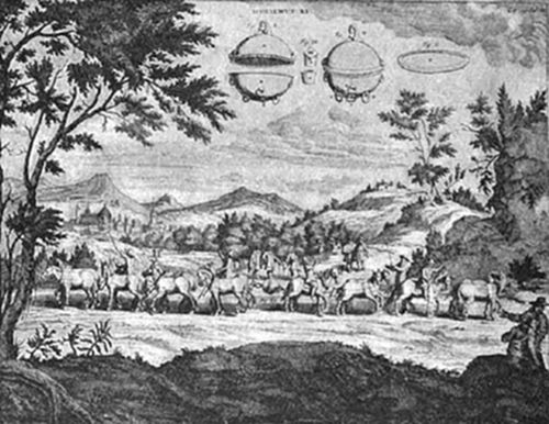 An engraving
of Otto von Guericke's Magdeburg hemispheres experiment — two teams of
horses straining to pull apart evacuated bronze hemispheres (shown in
diagrams above) — dramatically demonstrating the force of atmospheric
pressure, performed before Emperor Ferdinand III in 1654.