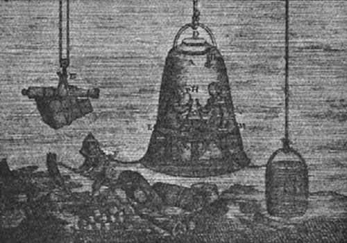 A Halley's
diving bell — a large bell-shaped vessel submerged underwater with
divers inside, supplied with air from weighted barrels lowered
alongside — Edmund Halley's 1691 design for extended underwater work.