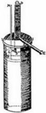 A Papin's
steam digester — a sealed cylindrical pressure vessel with a safety
valve tube on top and a side handle — the precursor to the pressure
cooker and an early step toward steam engine development, invented by
Denis Papin around 1679.