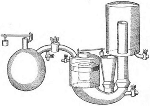 A Savery's
steam pump — an early steam engine with a boiler, condensing vessel,
and pipes with valves — the first practical steam-powered water-raising
device, patented by Thomas Savery in 1698.