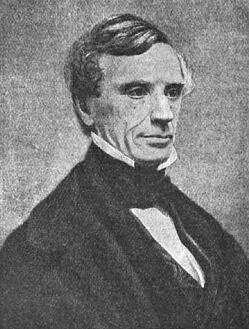 A lean,
sharp-featured middle-aged man in 19th-century dress with a dark coat
and bow tie — consistent with portraits of Samuel Morse, inventor of
the Morse Code telegraph.