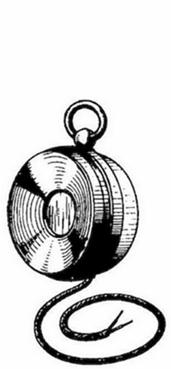 An early
portable telephone receiver — a flat circular disc with a hanging ring
and trailing wire — a compact version of Bell's telephone design from
the late 1870s.